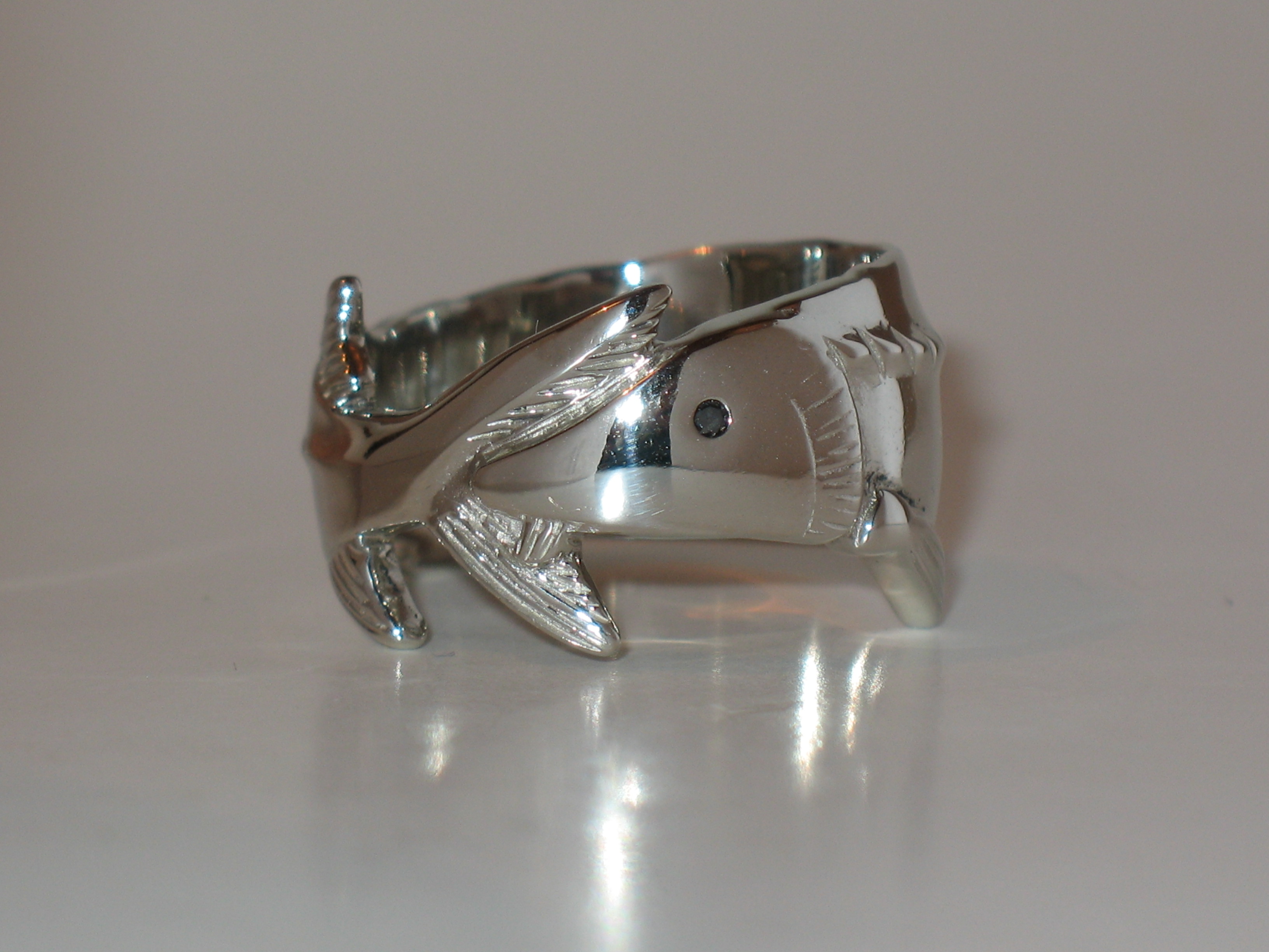 14K white gold sturgeon ring with black diamond eye